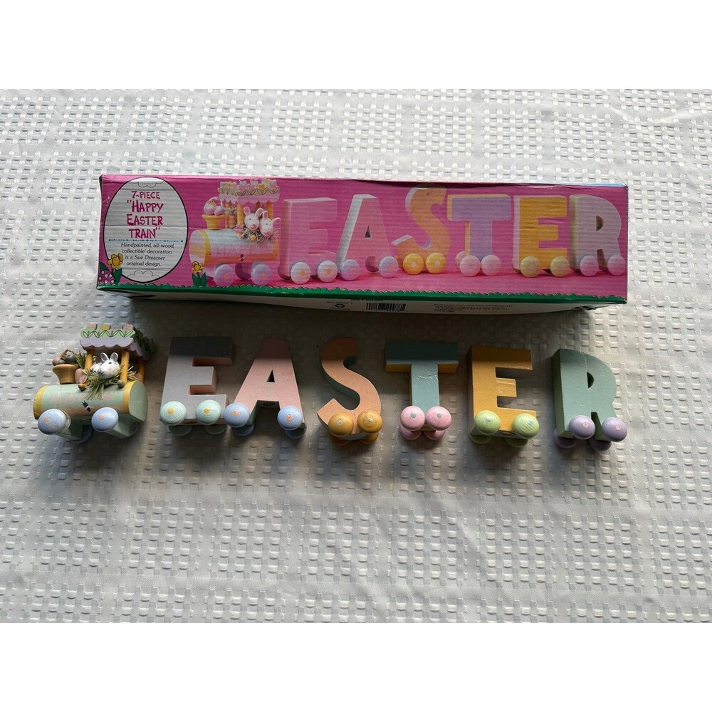 Sue Dreamer Happy Easter Train 7 Pc All Wood Hand Painted Decor Vintage